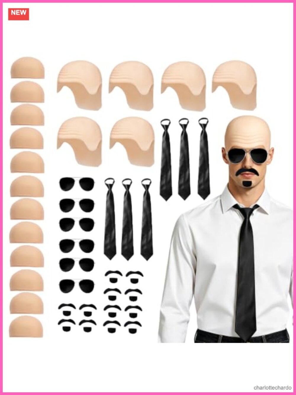 36 Pc Latex Bald Cap Costume Set Fake Beard Sunglasses Tie Halloween